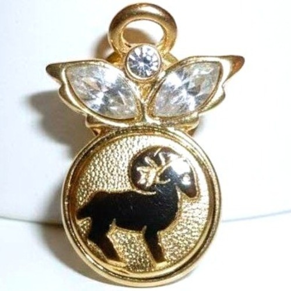 Vintage Aries Zodiac Ram Angel Wing‎ Charm Gold Tone Crystal Rhinestone Pin